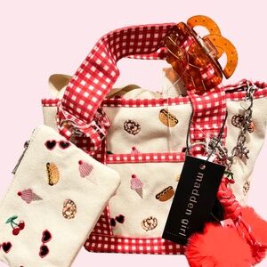 Summer Fair Madden Girl Mini Tote NWT Canvas Summer Red Gingham Cross Body Bag